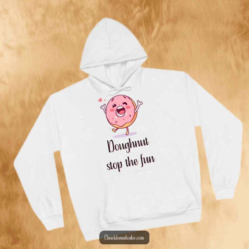 Funny hoodie with a happy donut character doing a silly dance, offering cozy warmth and a sprinkle of fun.