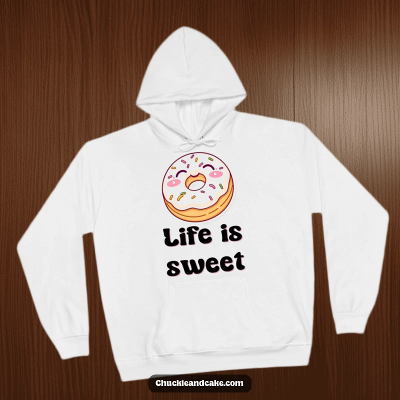 Funny hoodie featuring a delighted donut with sprinkles playfully winking, offering cozy comfort and a dash of sweet humor.