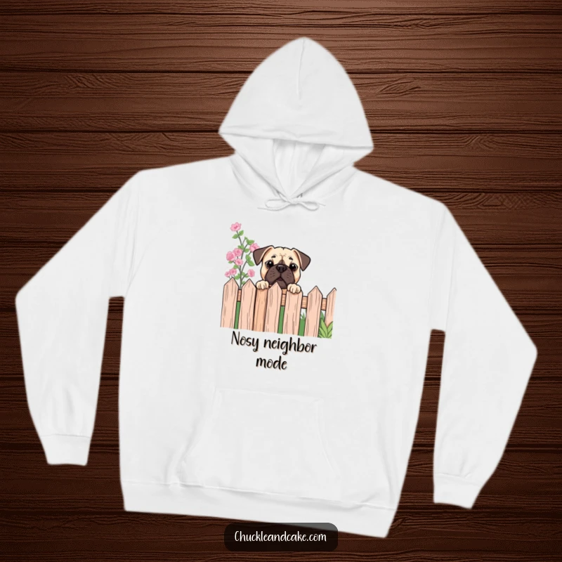 Funny Bullmastiff hoodie with a dog peeking over a garden fence, providing warmth and humorous curiosity.