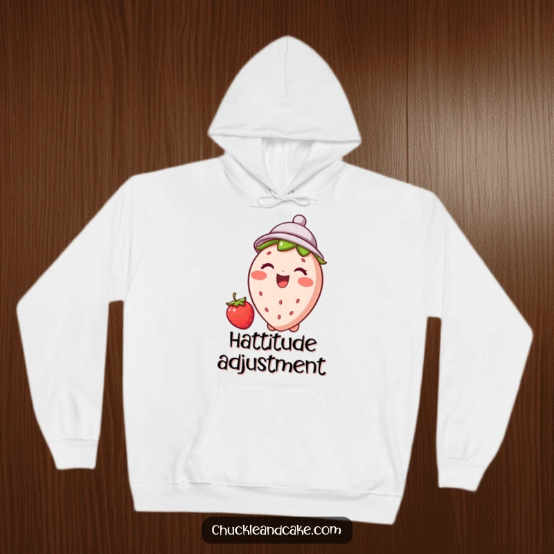 Funny strawberry hoodie showing a jubilant, giggling strawberry wearing a tiny hat, offering warmth and fruity charm.