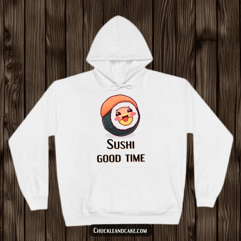 Funny hoodie featuring a beaming sushi roll spinning happily, offering cozy comfort and joyful, humorous vibes.