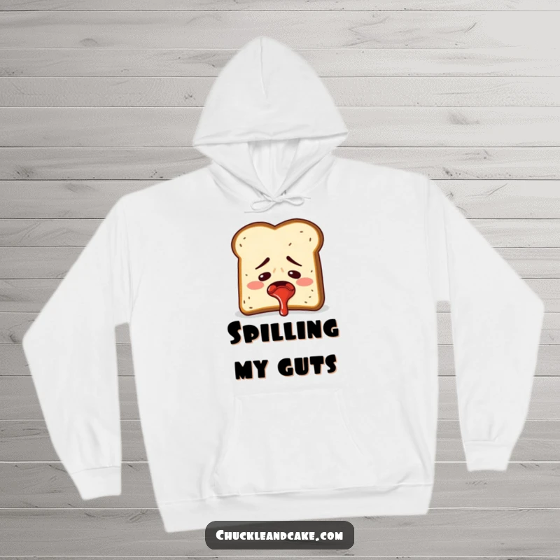 Funny embarrassed toast spraying jam, a messy and humorous hoodie.