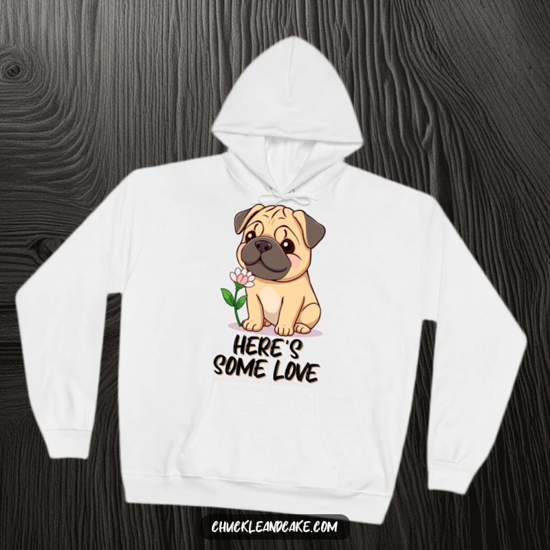 Funny Bullmastiff hoodie featuring a gentle, smiling dog offering a flower, providing cozy and heartwarming humor.