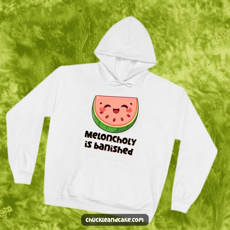 Funny watermelon slice hoodie with seeds winking, providing a cozy and humorous way to showcase a delighted fruit character's playful charm.