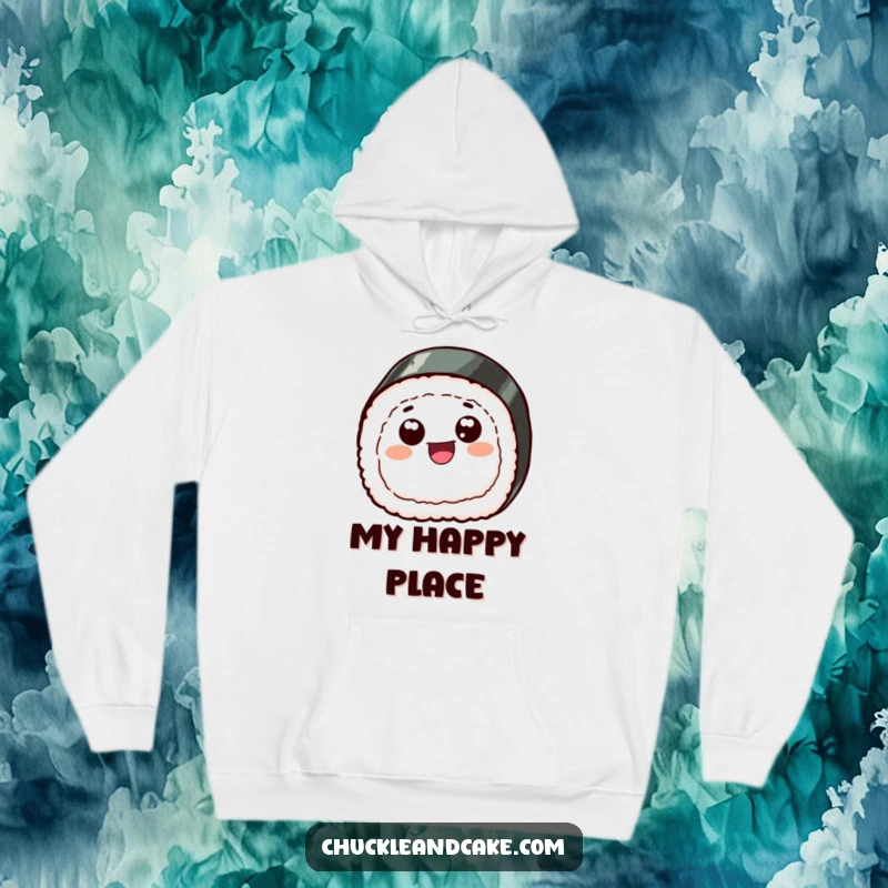 Funny hoodie illustrating a joyful sushi slice with comical googly eyes, engaged in a spirited, happy skip.