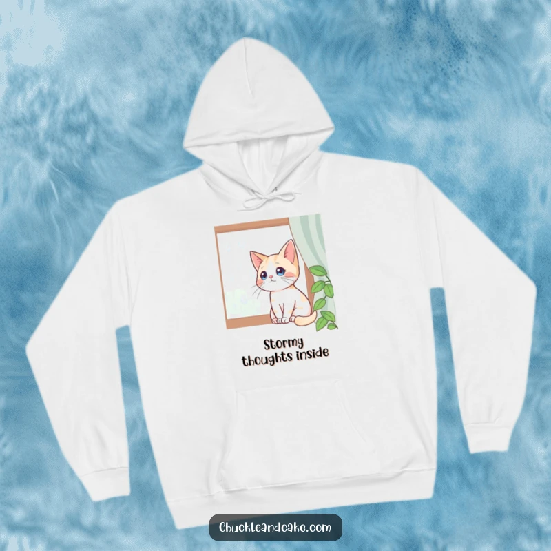 Funny hoodie featuring a Bobtail cat sitting by a window, watching raindrops, ideal for staying warm and enjoying the view.