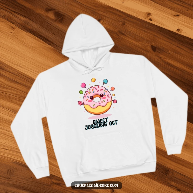 Funny hoodie illustrating a joyful donut with sprinkles, energetically juggling colorful candies, full of sweet, playful humor.