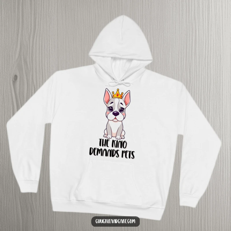 Funny Grand Dane hoodie showcasing a dog wearing a miniature crown with a hilariously serious and majestic expression.
