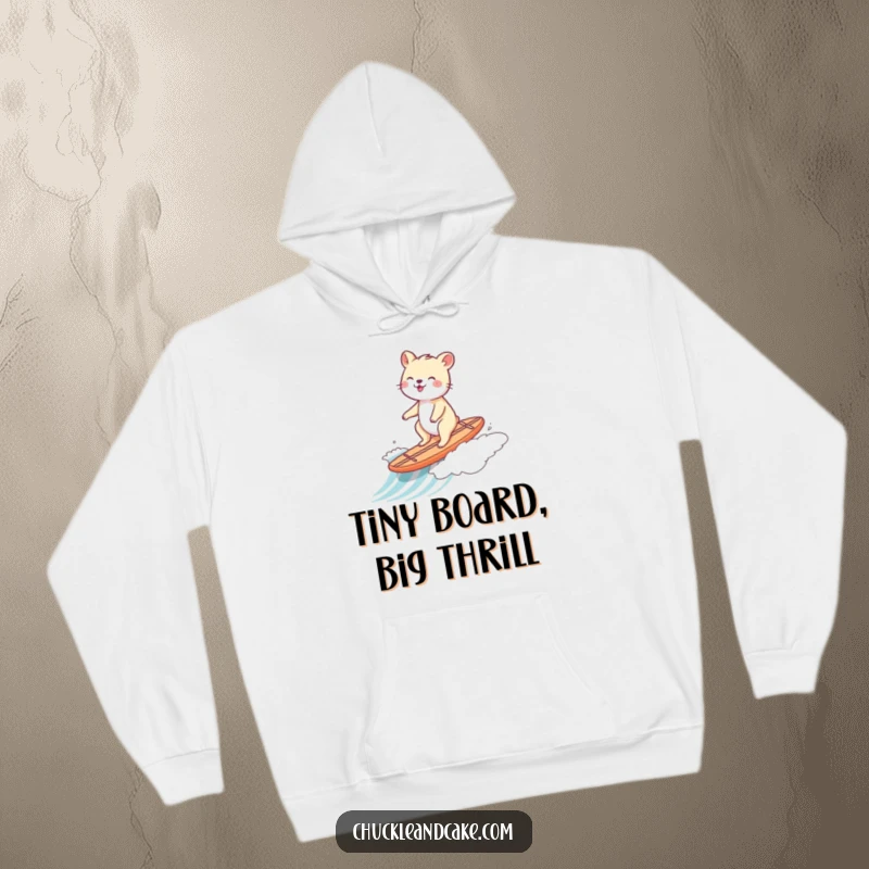 Funny hoodie showing a cheerful animal riding a tiny surfboard down a gentle ocean wave.