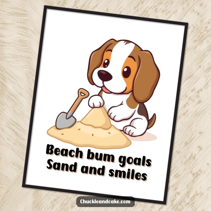 Funny Free Printable Wall Art: Adorable Basset Hound diligently building a sandcastle with a tiny shovel, looking focused.