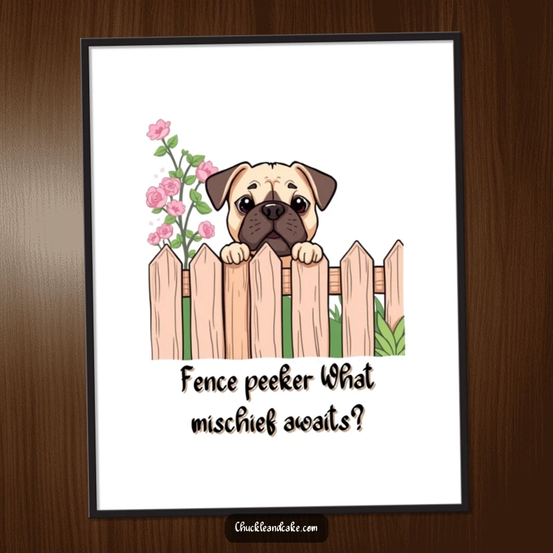 Funny Free Printable Wall Art: A Bullmastiff curiously peeks over a garden fence, its expression full of intrigue.