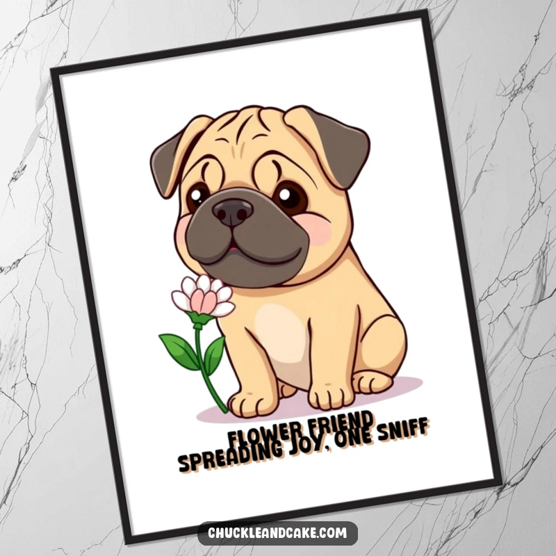 Funny Free Printable Wall Art: A Bullmastiff with a gentle smile offers a single, beautiful flower with love.