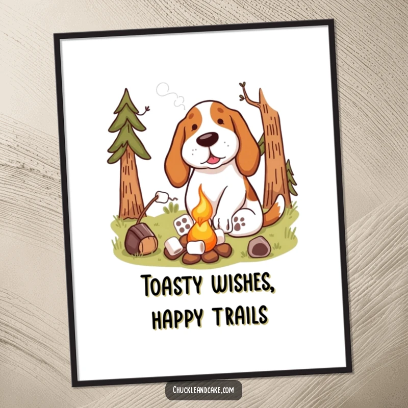 Funny Free Printable Wall Art: A Basset Hound relaxed by a campfire, skillfully toasting a perfectly golden marshmallow.