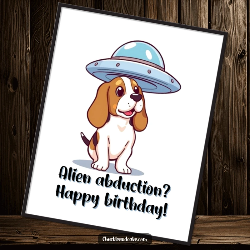 Funny Free Printable Wall Art: A Basset Hound captivated by a strange flying saucer hovering silently in the night sky.