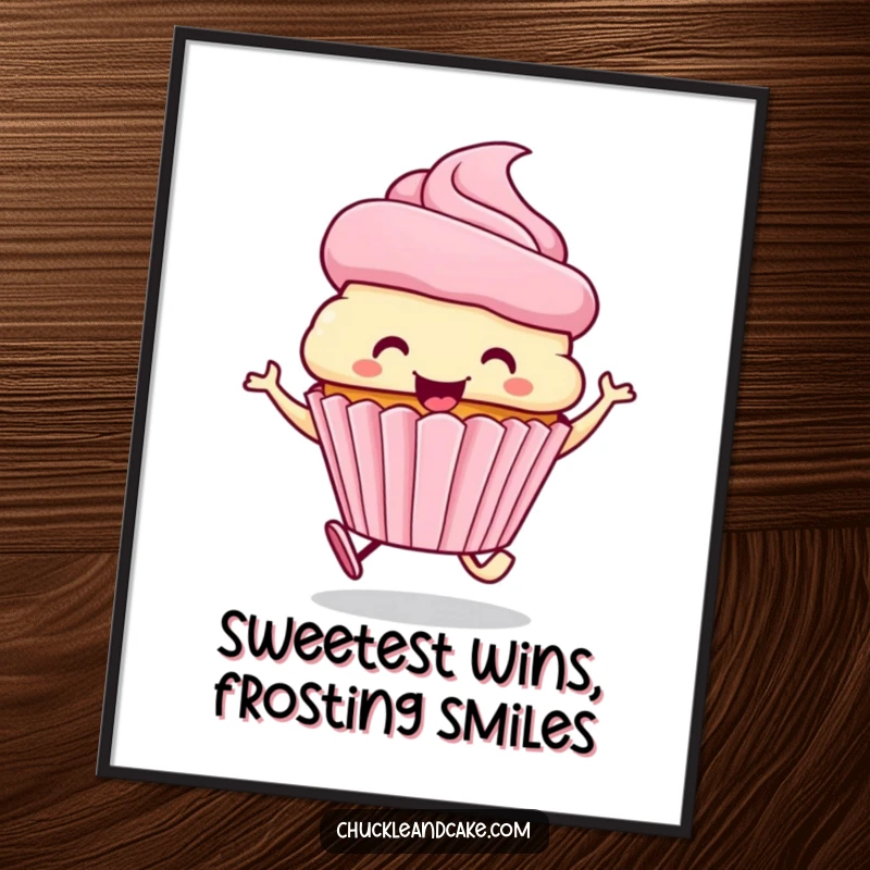 Funny free printable wall art of a smiling cupcake wearing a frosting hat, skipping joyfully, perfect for cheerful decor.
