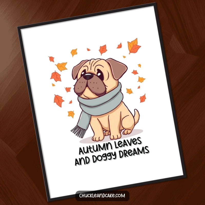 Funny Free Printable Wall Art: A Bullmastiff wearing a scarf watches attentively as colorful autumn leaves gently fall around it.