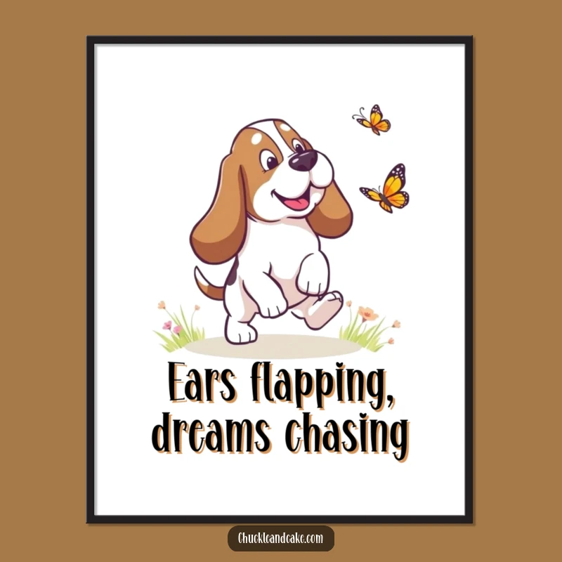 Free Printable Wall Art: Basset Hound Butterfly Chase - Funny Dog Decor, Downloadable Art