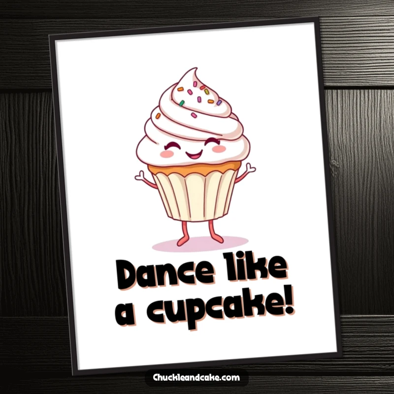 Funny Free Printable Wall Art: A smiling cupcake with sprinkles and tiny legs, caught mid-dance, bringing joy to your walls. Decorate now!