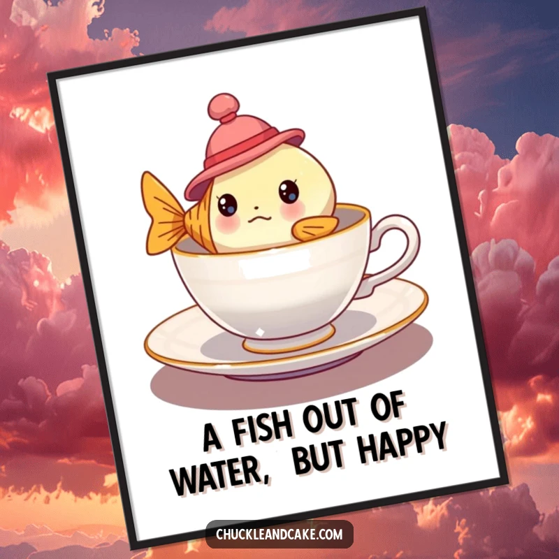 Funny Free Printable Wall Art showcasing a bewildered fish wearing a tiny hat, floating comically in a delicate teacup.
