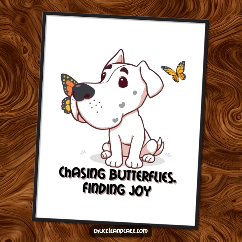 Free Printable Wall Art: Grand Dane curiously watching a colorful butterfly flutter by, creating a peaceful and charming scene.