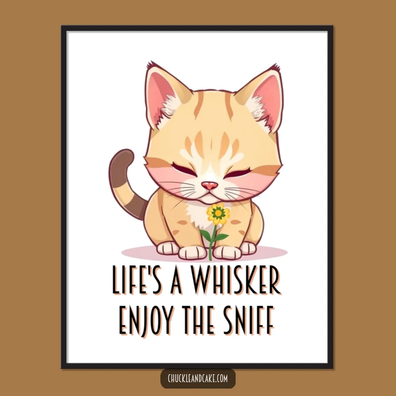 Free Printable Wall Art: Humorous Bobtail Cat Sniffing Flower, Cute Downloadable Decor