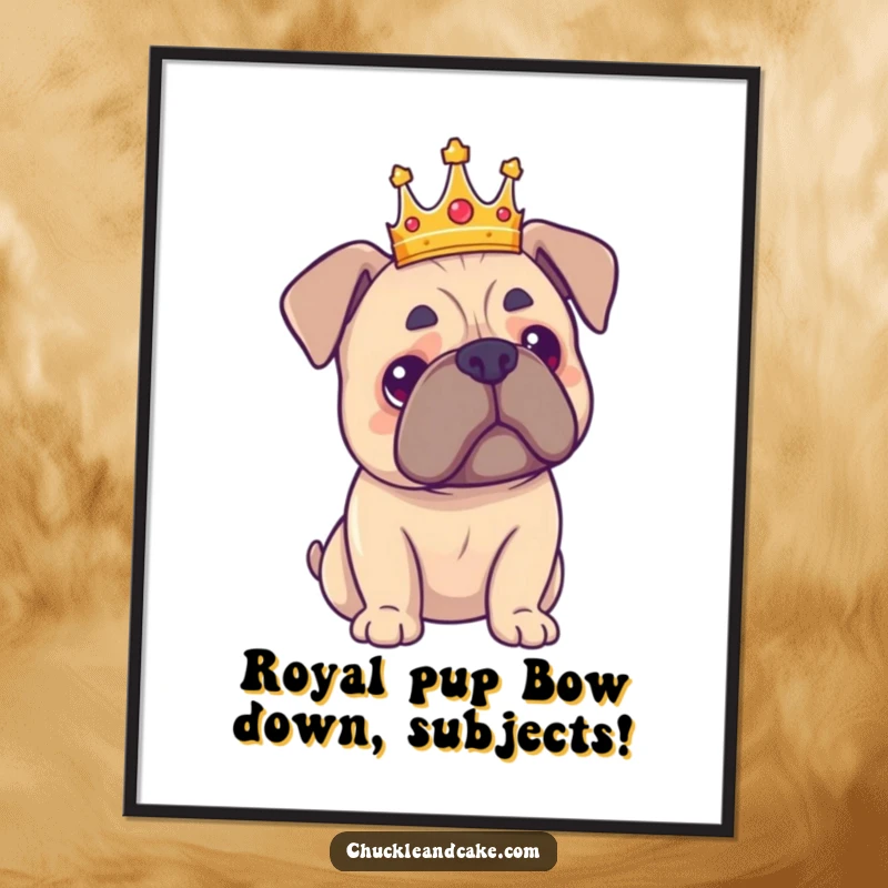 Funny Free Printable Wall Art: A proud Bullmastiff wearing a miniature crown strikes a noble, humorous pose.