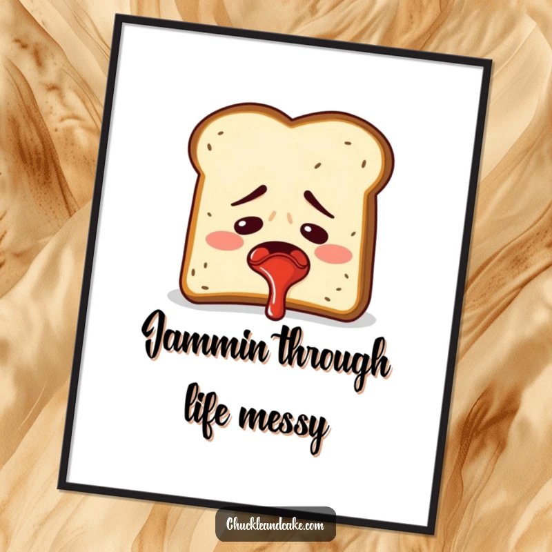 Funny Free Printable Wall Art: An embarrassed slice of toast accidentally sprays jam, a humorous and relatable piece of downloadable art.