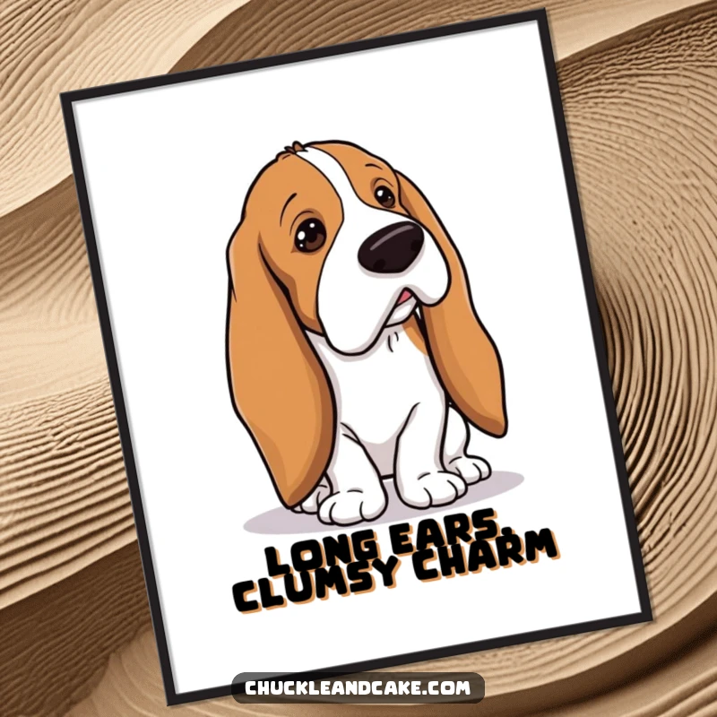 Funny Free Printable Wall Art: A Basset Hound with extremely long droopy ears hilariously trips over itself, creating a comical scene.