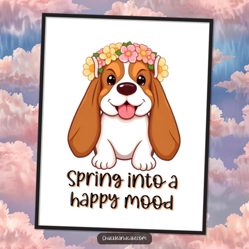 Funny Free Printable Wall Art: A Basset Hound with droopy ears wears a flower crown and smiles sweetly.