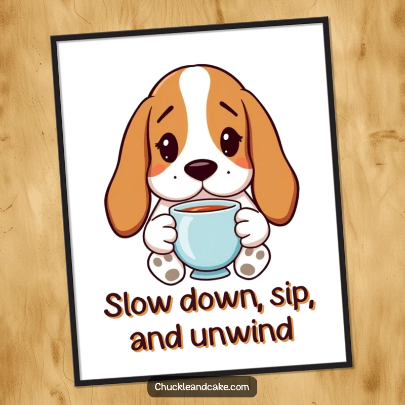 Funny Free Printable Wall Art: A Basset Hound with long droopy ears sits calmly holding a cup of tea.