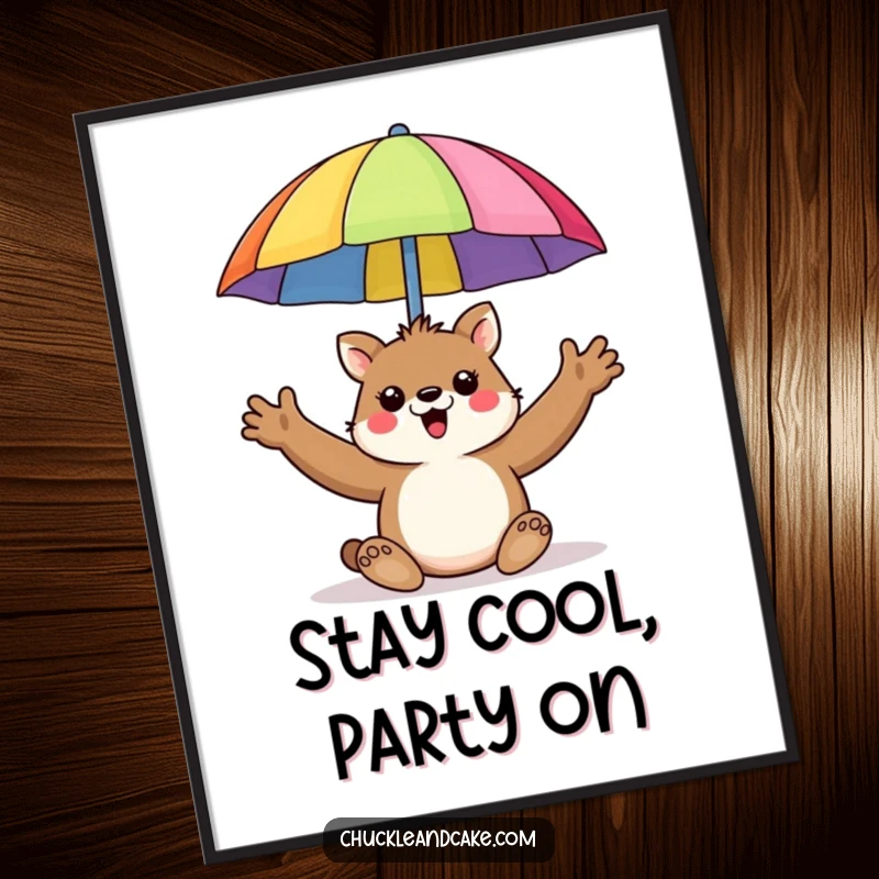 Funny Free Printable Wall Art: Comical animal enthusiastically holding up a big, colorful beach umbrella, looking happy and protective.