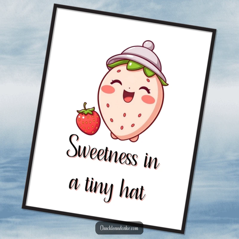 Funny free printable wall art: A jubilant strawberry in a tiny hat, giggling with infectious joy, adding fruity whimsy to decor.