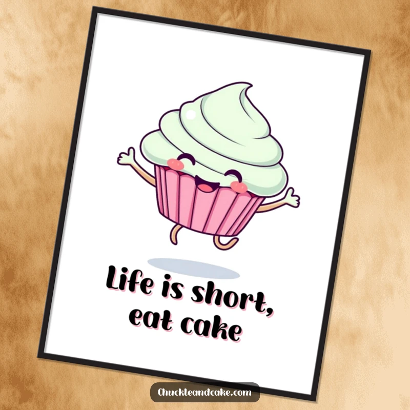 Funny Free Printable Wall Art: A smiling cupcake with legs, captured mid-jump in a moment of pure, unadulterated joy.