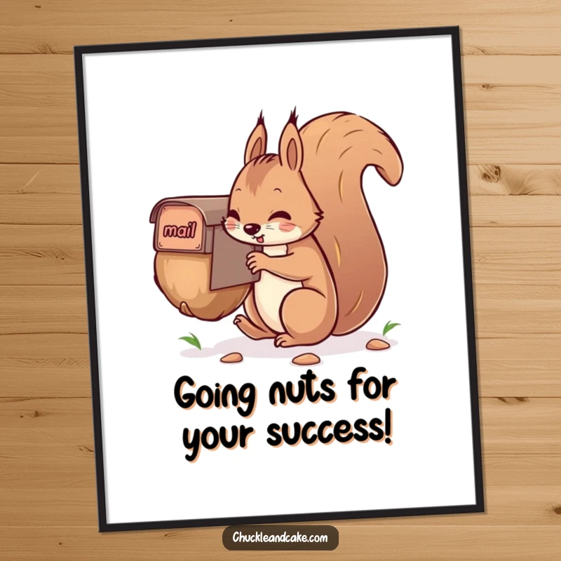 Funny Free Printable Wall Art: A determined squirrel hilariously tries to mail an oversized nut, a comical scene.