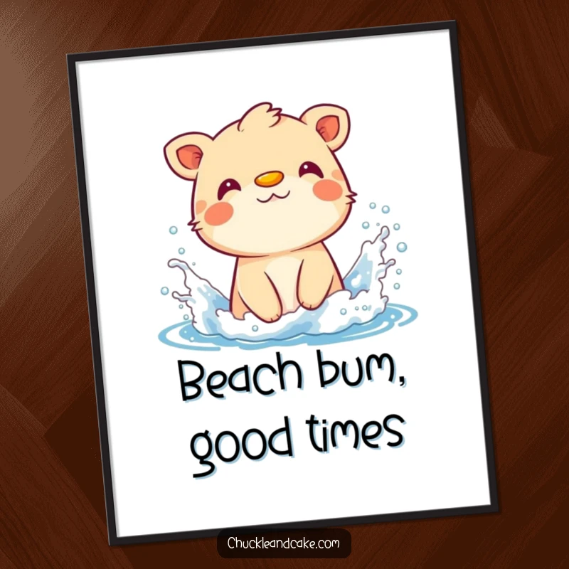 Funny Free Printable Wall Art: Comical animal with sunscreen on nose, gleefully splashing in ocean waves with a happy expression.