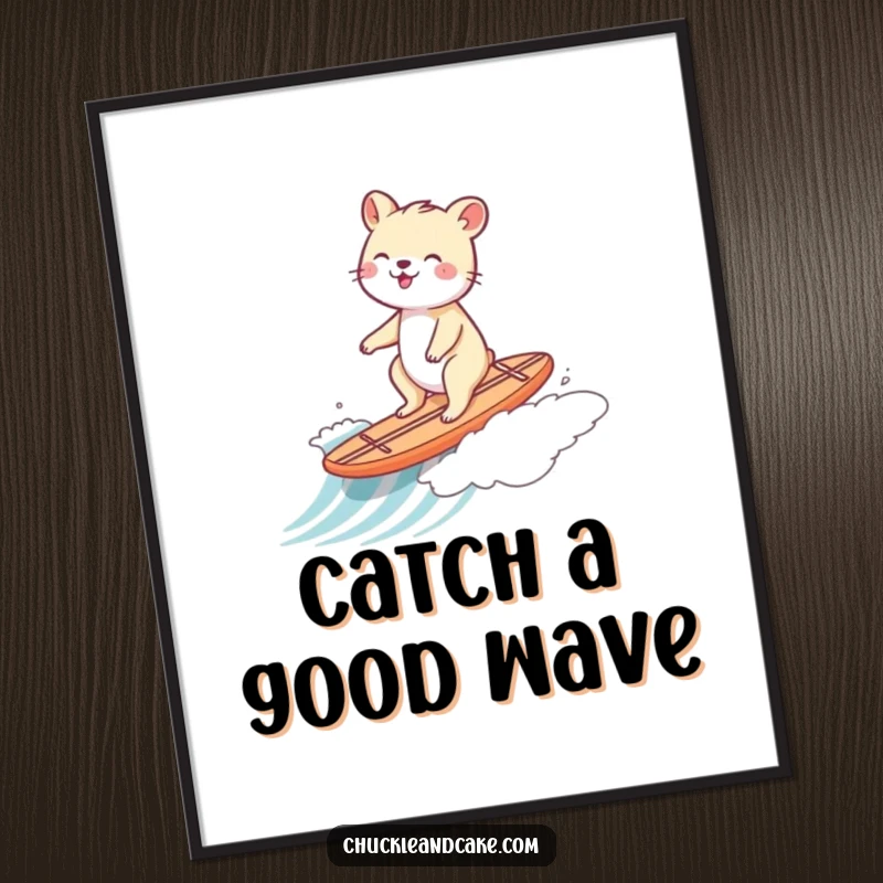 Funny Free Printable Wall Art: Comical animal gleefully riding a tiny surfboard down a gentle ocean wave, exuding pure joy.