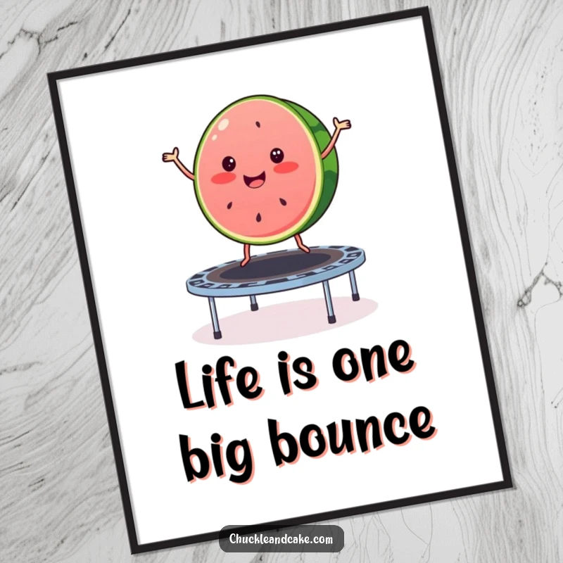 Funny free printable wall art: A merry watermelon slice gleefully bouncing on a trampoline, bringing a splash of fun and color to decor.