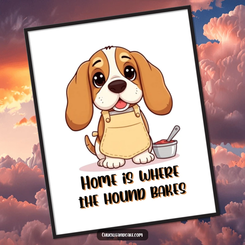 Funny free printable wall art featuring a Basset Hound in a baker's apron, looking content while baking delicious treats.
