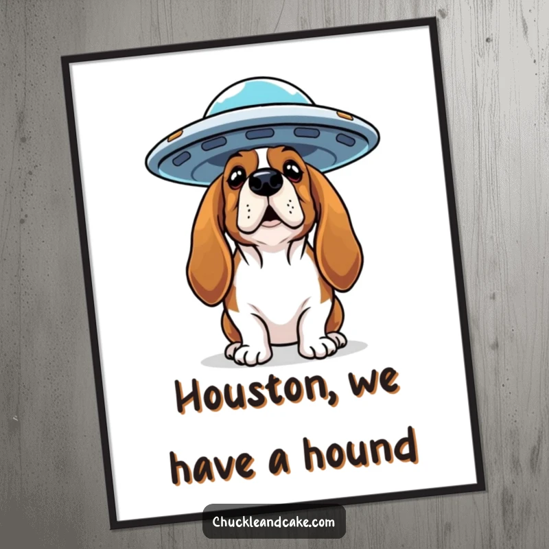 Funny Free Printable Wall Art: Basset Hound gazes with curiosity at a mysterious flying saucer in the night sky.