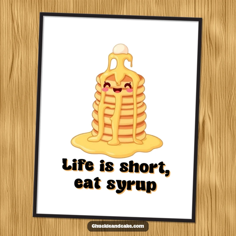 Funny free printable wall art: A stack of happy pancakes joyfully sliding down a syrup waterfall, creating a whimsical and delicious scene.
