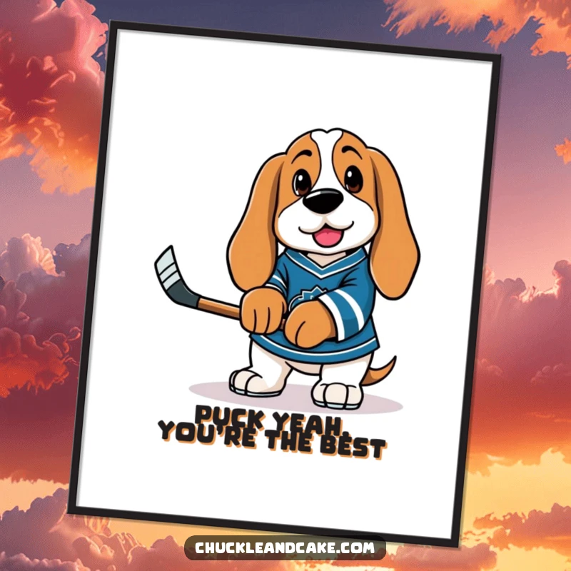 Funny Free Printable Wall Art: Basset Hound in hockey jersey holding a tiny stick, ready to play.