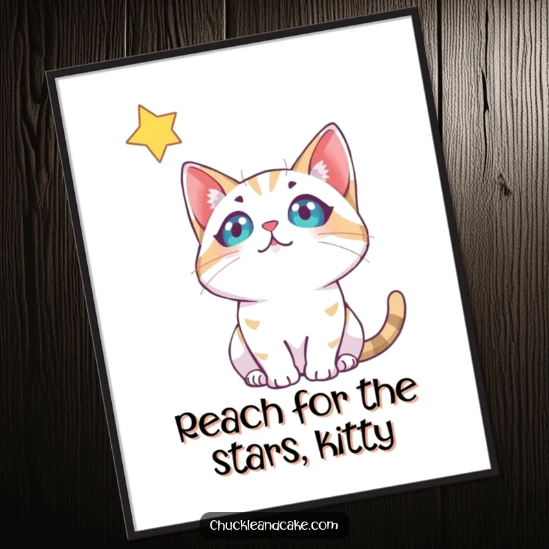 Funny free printable wall art of a wide-eyed bobtail cat mesmerized by a twinkling star in the night sky.