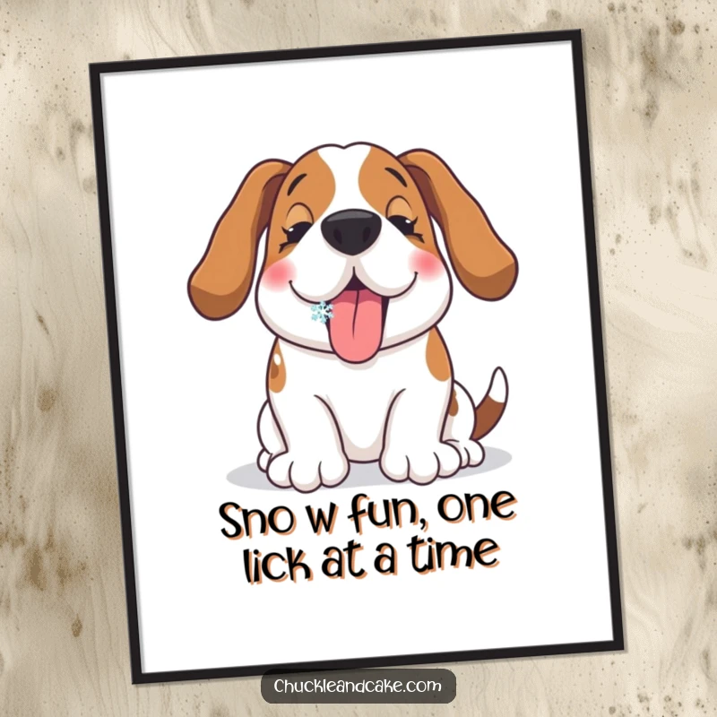 Funny Free Printable Wall Art: Basset Hound's face full of delight as it catches a snowflake on its tongue.