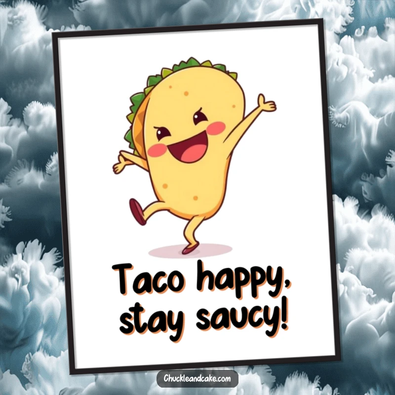 Funny Free Printable Wall Art: A happy taco with a wide grin, mid-cartwheel, adding zest to your room. Fiesta decor!