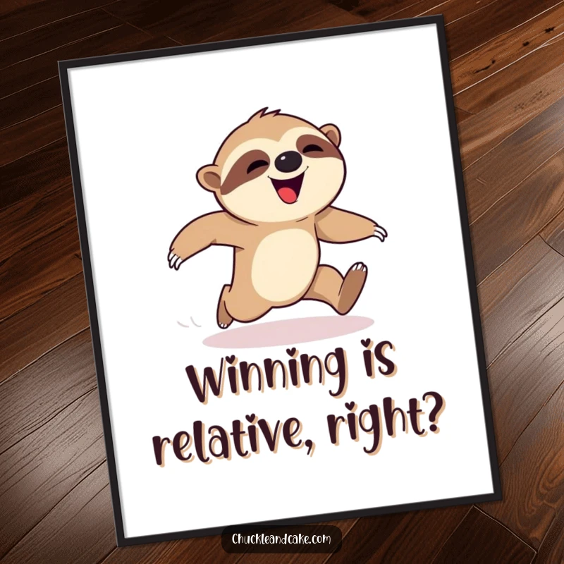 Funny free printable wall art: A happy sloth hilariously losing its footing mid-race, capturing the spirit of effort and a good tumble.