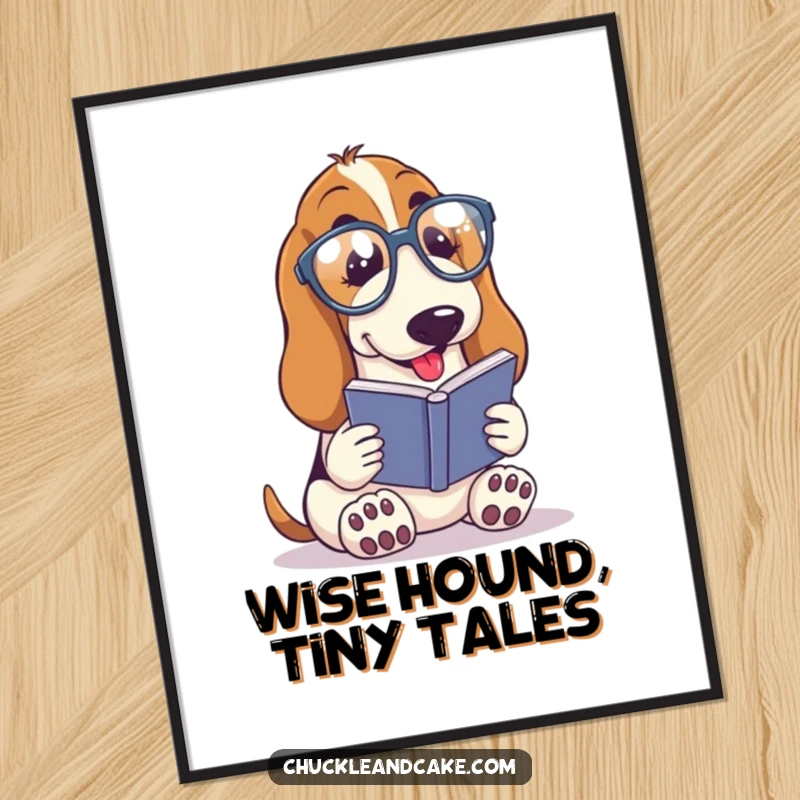 Funny Free Printable Wall Art: A Basset Hound with very droopy ears peers through spectacles while reading a tiny book studiously.
