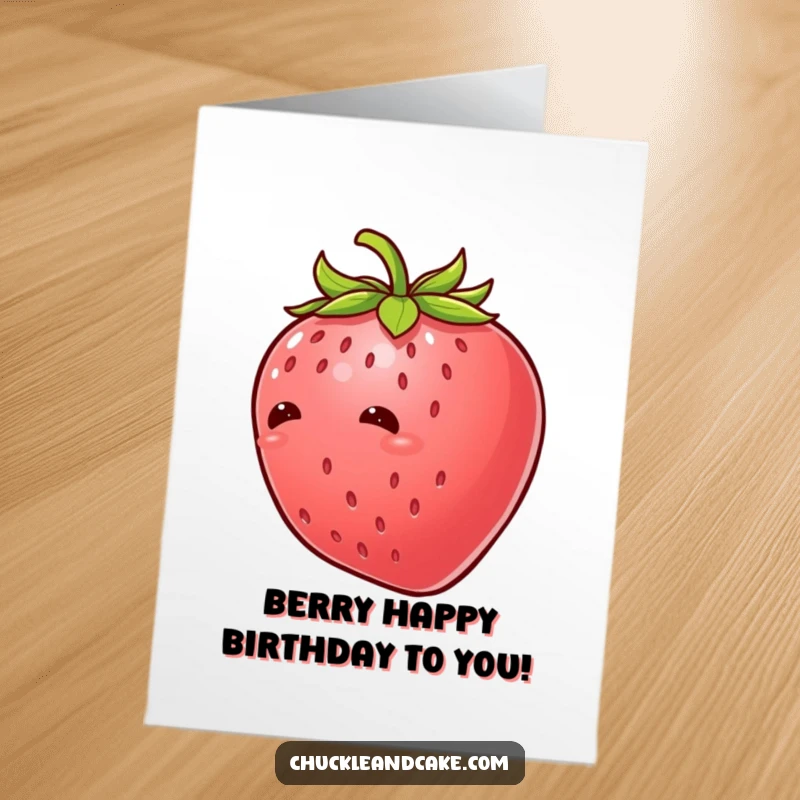 Funny Free Printable Birthday Card featuring a tickled strawberry with leaves giggling uncontrollably with joy.