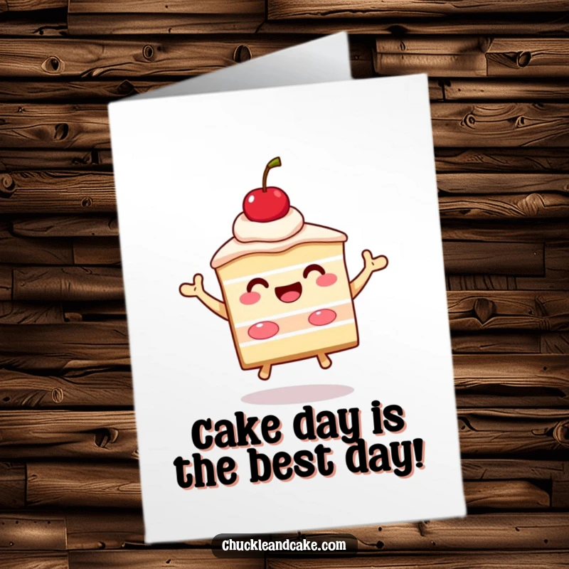 Funny Free Printable Birthday Card: a beaming slice of cake with a cherry on top is joyfully jumping.
