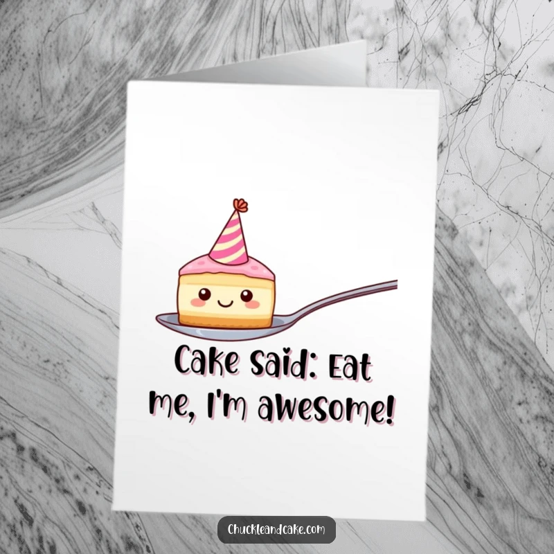 Funny Free Printable Birthday Card: A happy cake slice with a party hat balancing on a spoon, ready to celebrate.