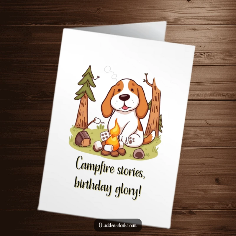 Funny Free Printable Birthday Card: A Basset Hound happily toasts marshmallows over a small, crackling campfire.